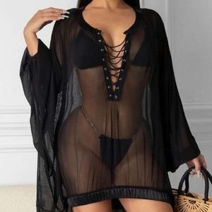 Eyelet Lace-up Sheer Mesh Dip Hem Cover Up